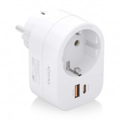 Aisens Régua de Parede Multifunções com 1 Tomada + 1xUSB-C 20W PD3.0 - 1xUSB-A 20W QC3.0 - Cor Branca