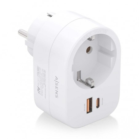 Aisens Régua de Parede Multifunções com 1 Tomada + 1xUSB-C 20W PD3.0 - 1xUSB-A 20W QC3.0 - Cor Branca