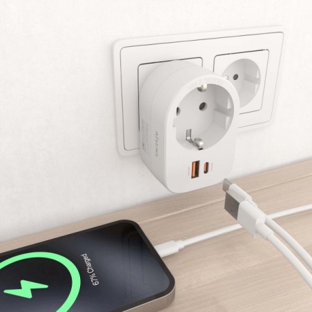 Aisens Régua de Parede Multifunções com 1 Tomada + 1xUSB-C 20W PD3.0 - 1xUSB-A 20W QC3.0 - Cor Branca