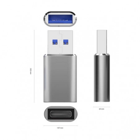 Aisens Mini Adaptador USB 3.2 Gen2/USB 2.03A - Tipo USB-C/H-A/M - Cor Cinza