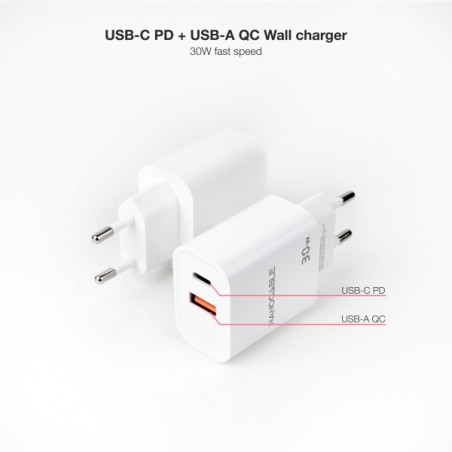 Nanocable Carregador de Parede USB-C/PD + USB-A/QC 30W - Cor Branco