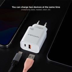 Nanocable Carregador de Parede USB-C/PD + USB-A/QC 30W - Cor Branco