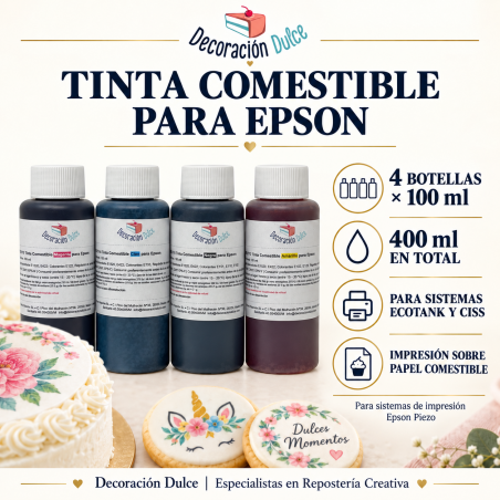 Pack de 4 Botellas de Tinta Comestible Impresoras Epson - 100ml